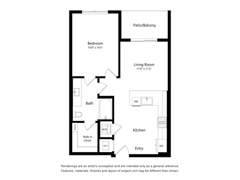 Floor plan for 1 bed, 1 bath, 680 sqft